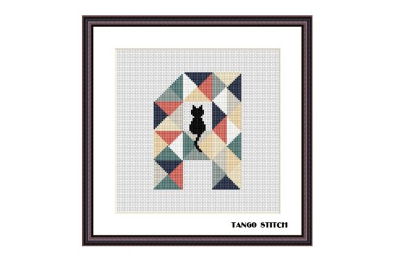 Letter A and Cute Black Cat Cross Stitch